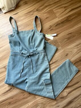 Tinseltown Light Blue Denim Strap Jumpsuit with Tie Waist